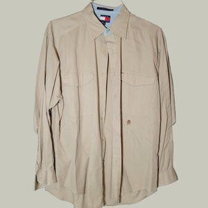 Tommy Hilfiger Tan Button Down Shirt Size Medium Pockets Logo Embroidered Below